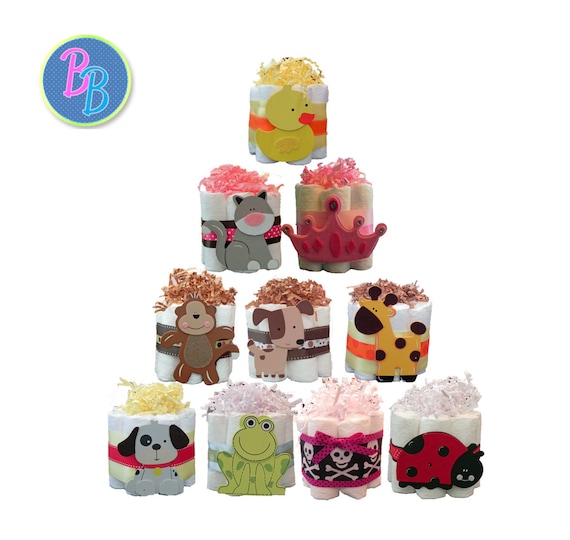 Mini Diaper Cakes - Unique Baby Shower Gift, Centerpiece, Favor jungle, moon, nautical, sun, butterfly, dinosaur