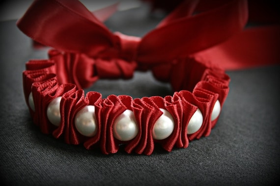 Ribbon Bracelet -Claudella Ruffles and Pearls Ribbon Bracelet in Crimson Red