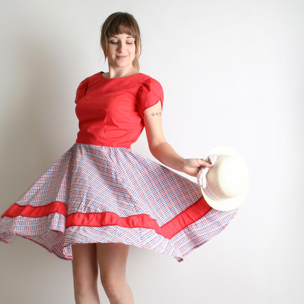 Vintage Lolita Dress - Square Dance Full Circle Skirt in Plaid - Medium