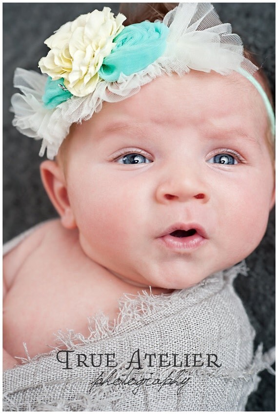 Little Nya baby girl, infant, toddler, petite, newborn headband in creme and caribbean
