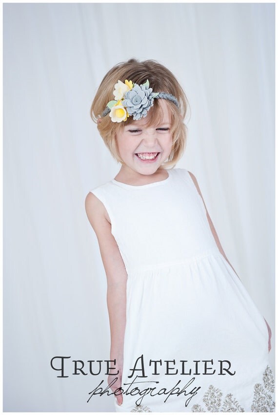 Kaylee soft felt yellow and grey braided headband for little girls, infants and toddlers, fun photo shoots and props, bridesmaid