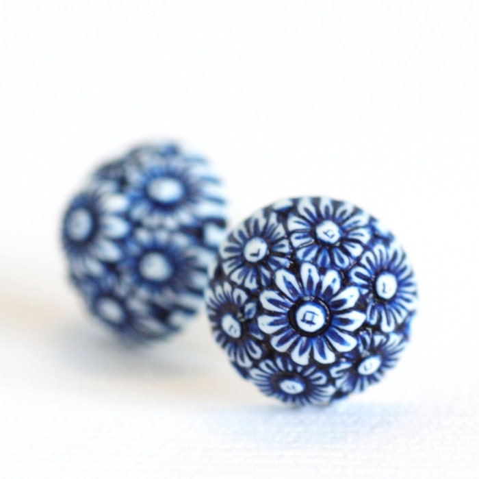 Blue and White Earrings  - Ornate Floral Blue and White Daisies - BACK IN STOCK