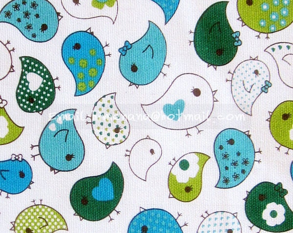 1 Meter Japanese Cotton Canvas Fabric - Cute Birds on White - Blue (Se.bird002)