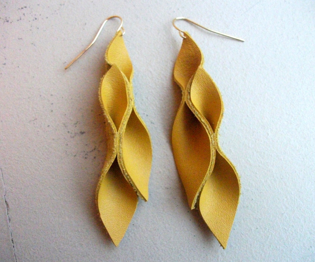 Mustard Yellow Leather Petal Earrings