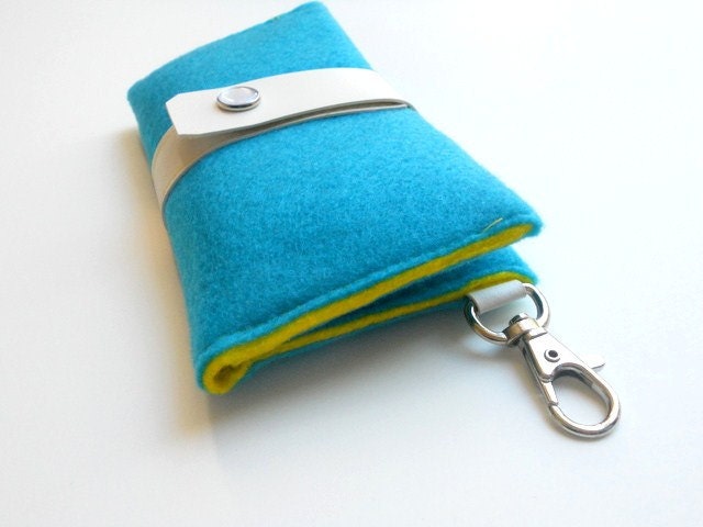 Cell Phone wallet in teal aqua blue and yellow eco wool