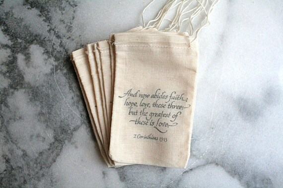 Wedding favor bags, muslin, 3x5. Set of 100. I Corinthians script in black on natural white cotton.