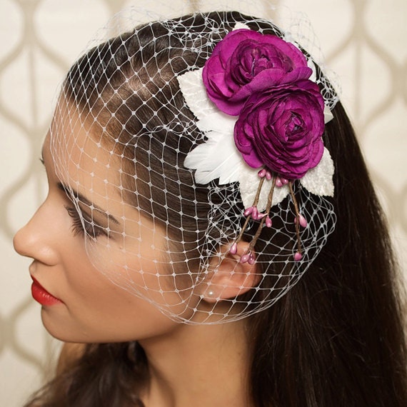Fuchsia Plum Bridal Hair Flower Headpiece Veil Clip with attached Diamond
