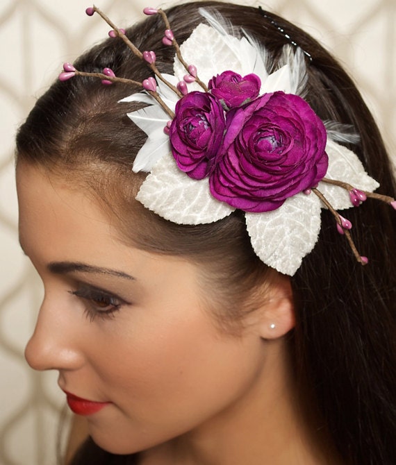 Plum Pink Purple Fuchsia Bridal Hair Flower Headpiece Veil Clip Wedding 