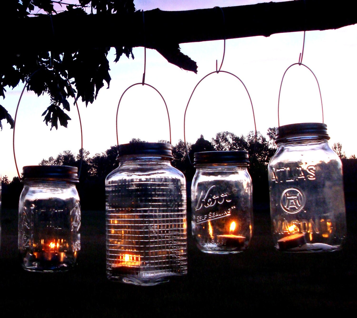 Set of 6 Mason Jar Hanging Tea Light Lantern / Luminaries