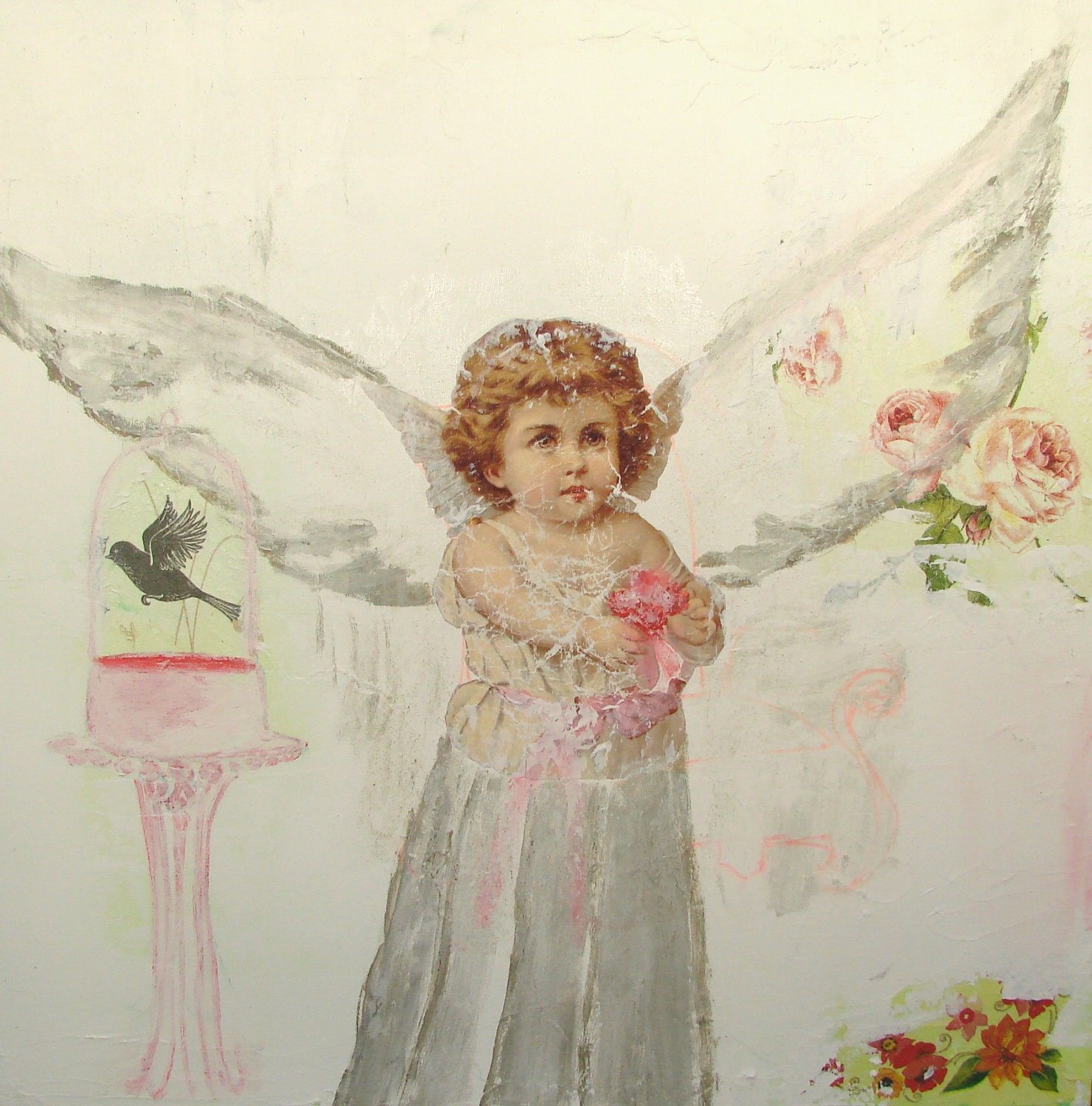 Original Acrylic Mixed Media Painting / Victorian Collage    15''x15''x 1.5'' My Guardian Angel by Noémia Prada