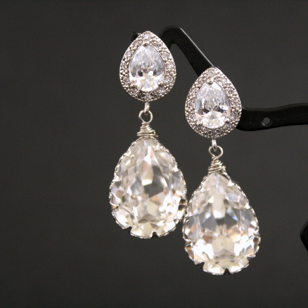 Bridal Earrings Silver Cubic Zirconia Posts with Clear Swarovski Teardrop Earrings