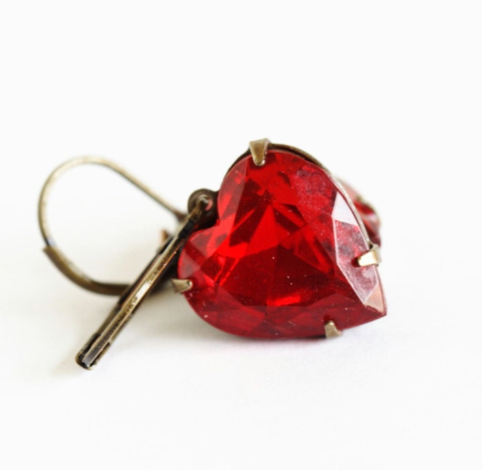 Valentines Earrings - Vintage Red Heart Glass Jewel Earrings