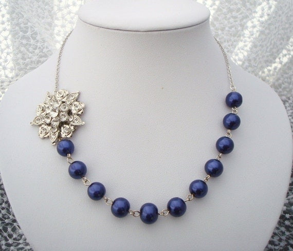Bridal Jewelry, Something Blue, Dark Blue Pearls, Flower Brooch Necklace, KASEY