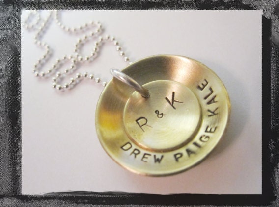 Hand Stamped Necklace - Personalized Jewelry - Yellow Brass Family Pendant