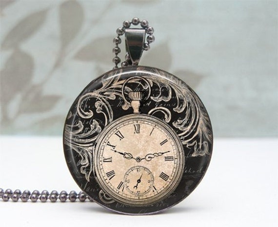 Black Vintage Clock Necklace - Glass Dome Pendant Gunmetal, Picture Pendant, Photo Pendant, Art Pendant by Lizabettas