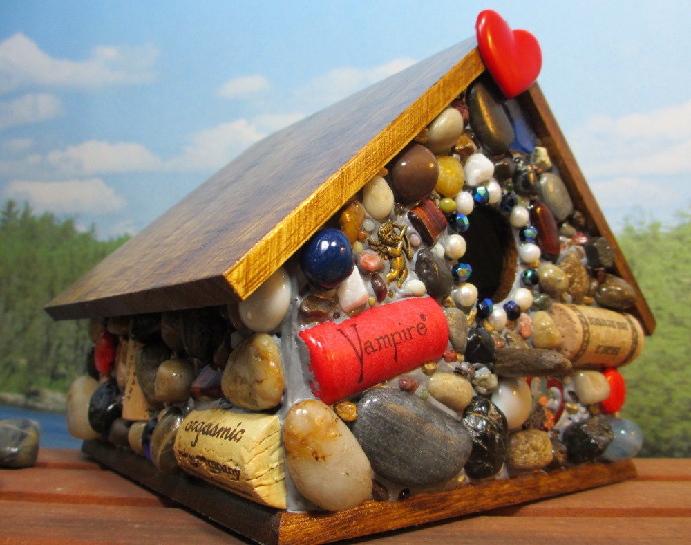 Birdhouse Mosaic with wine corks and love