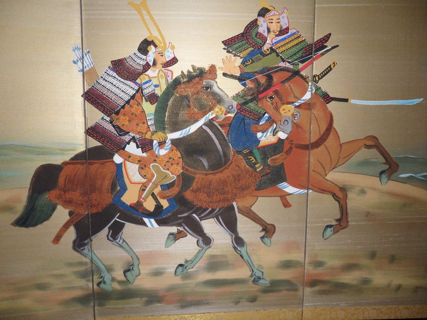 Large Vintage Japanese Byobu  Silk Screen Samurai Warriors
