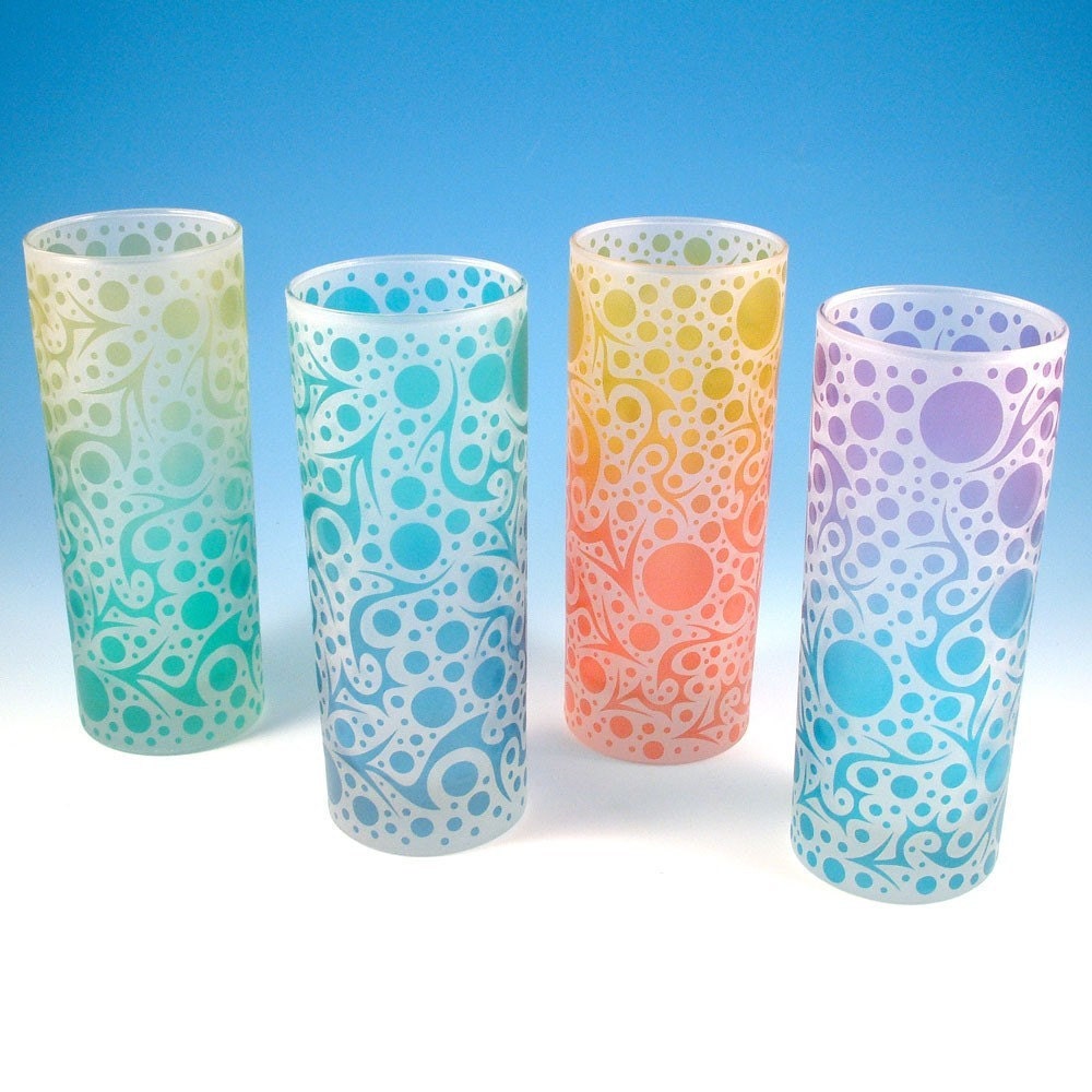 Frosted Highball Glasses - Bubbling Arrows - Custom Painted Set of 4 Etched Glasses