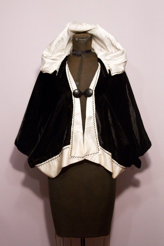 1930's Black and White Velvet Hooded Cape