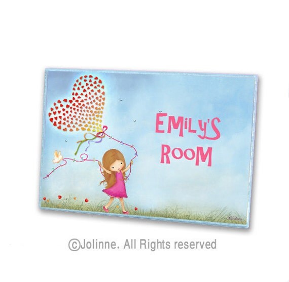Personalized children door sign for kids room , nursery decor, customized name , girl with hearts balloon