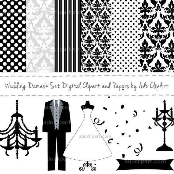 Wedding Damask Set Digital Clipart and Papers Elements for scrapbooking 