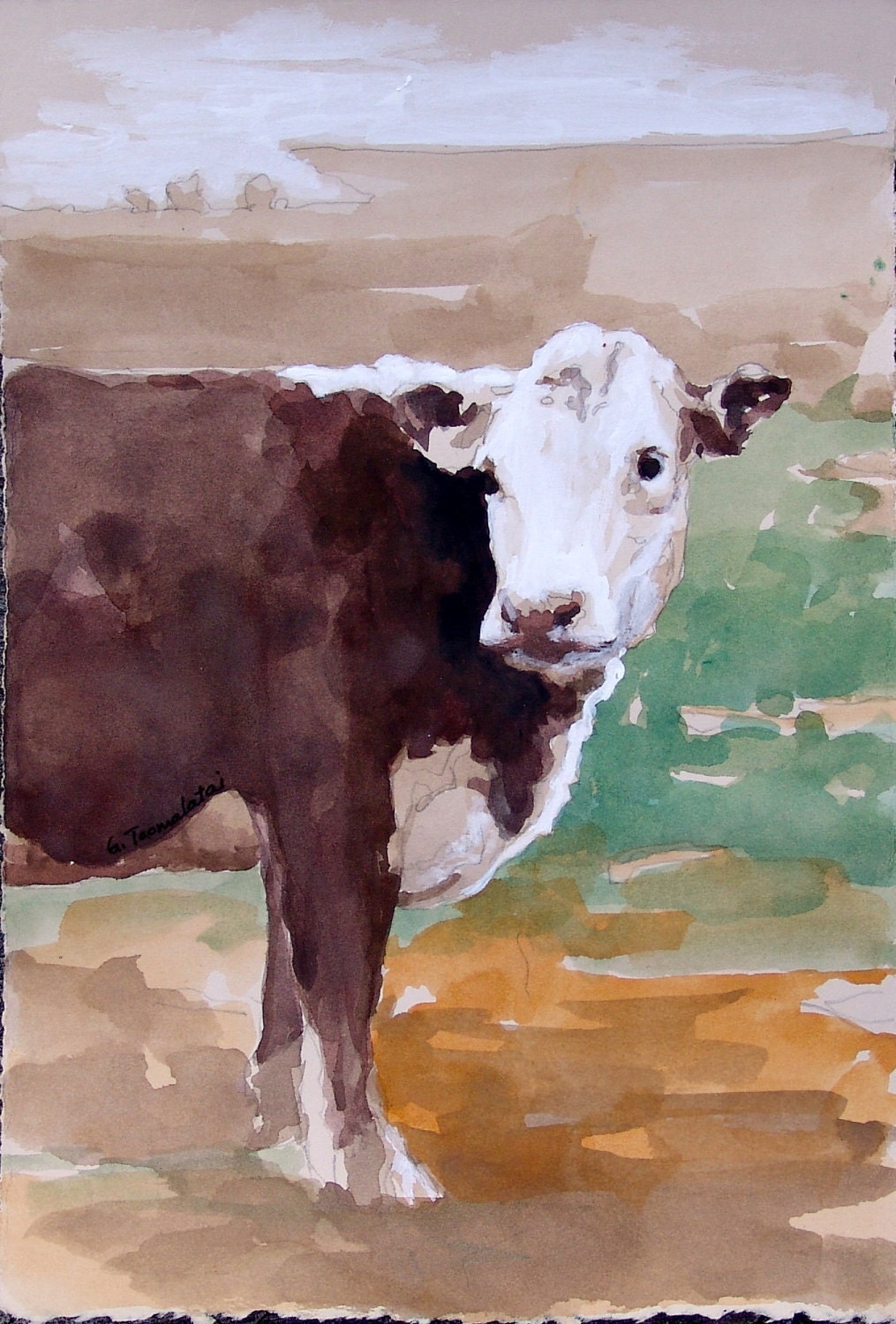 Brown cow white faced cow watercolor painting 11 x 7.5 inches cow art landscape art original watercolor acrylic painting