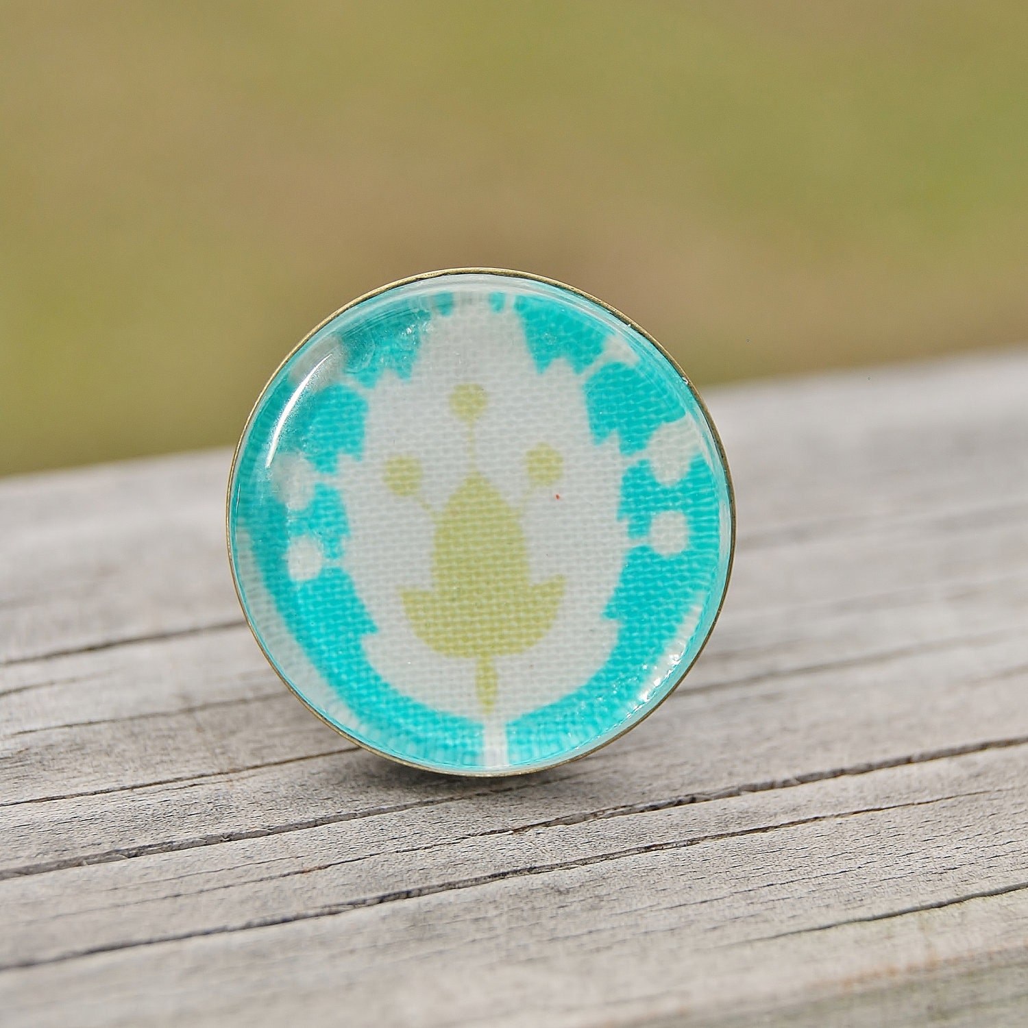 Breezy Blue and Green Fabric and Glass Ring