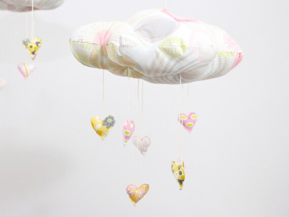 My Sweet Heart Cloud Mobile - limited edition fabric sculpture decoration for nursery in pink, grey,white and lemon yellow
