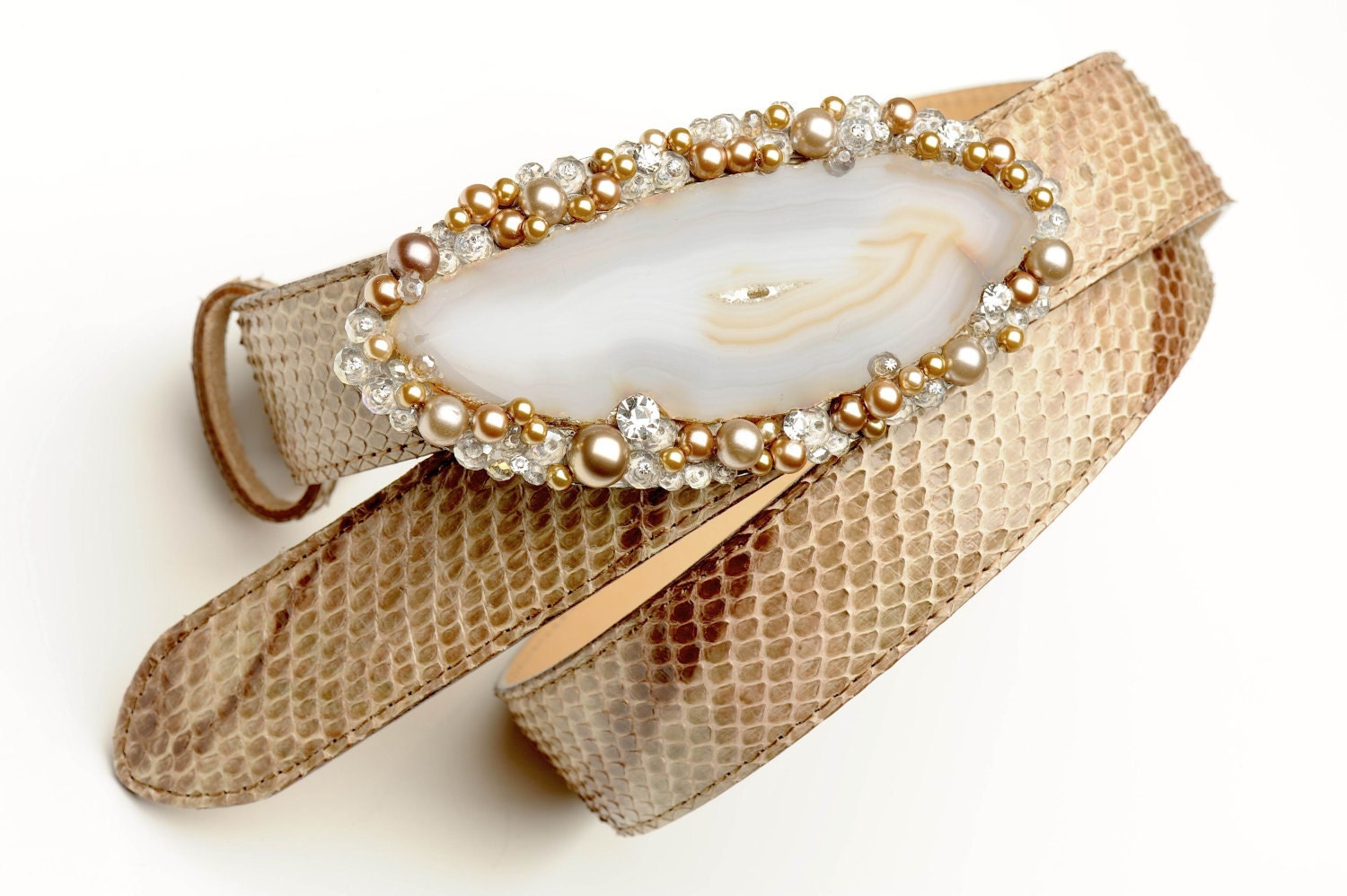 Jeweled belt buckle in agate and pearls with precious python skin belt - Holiday sale - Regular price 350.00 USD reduced to 300.00 USD