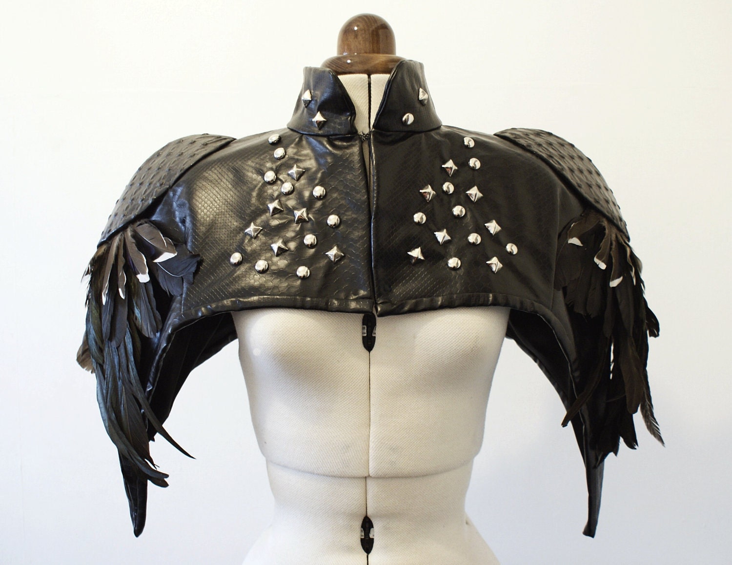 Black Feather, Studded, PVC Leatherette Cape with shoulder pads