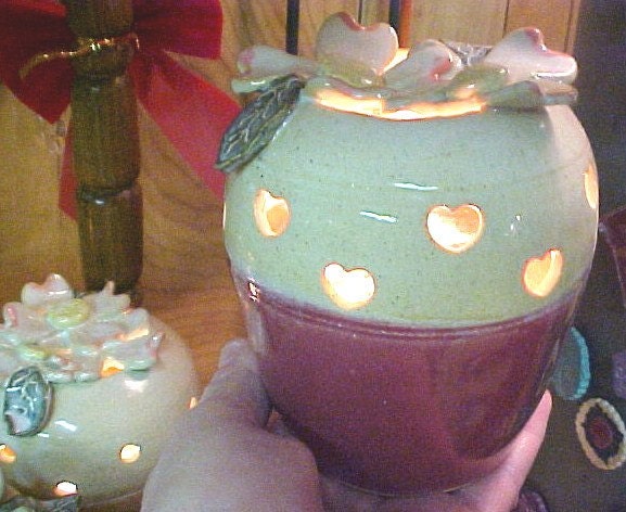 Pink Dogwood Pottery Nightlight Small Lamp Heart Cutouts Handmade White Green