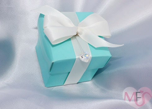TIFFANY LOVE GLOSSY Wedding Favor box Turquoise w Swarovski Heart Charm