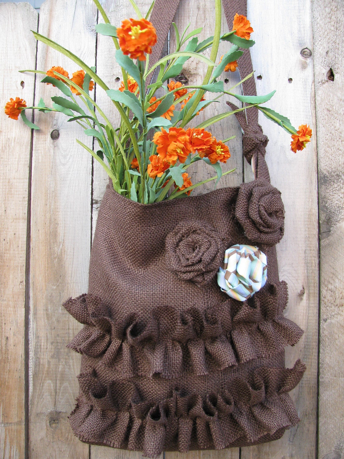 Burlap Tote Bag Brown Ruffled French Market Bag