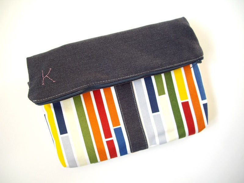 Personalized Upcycled Medium Clutch in Rainbow and Gray