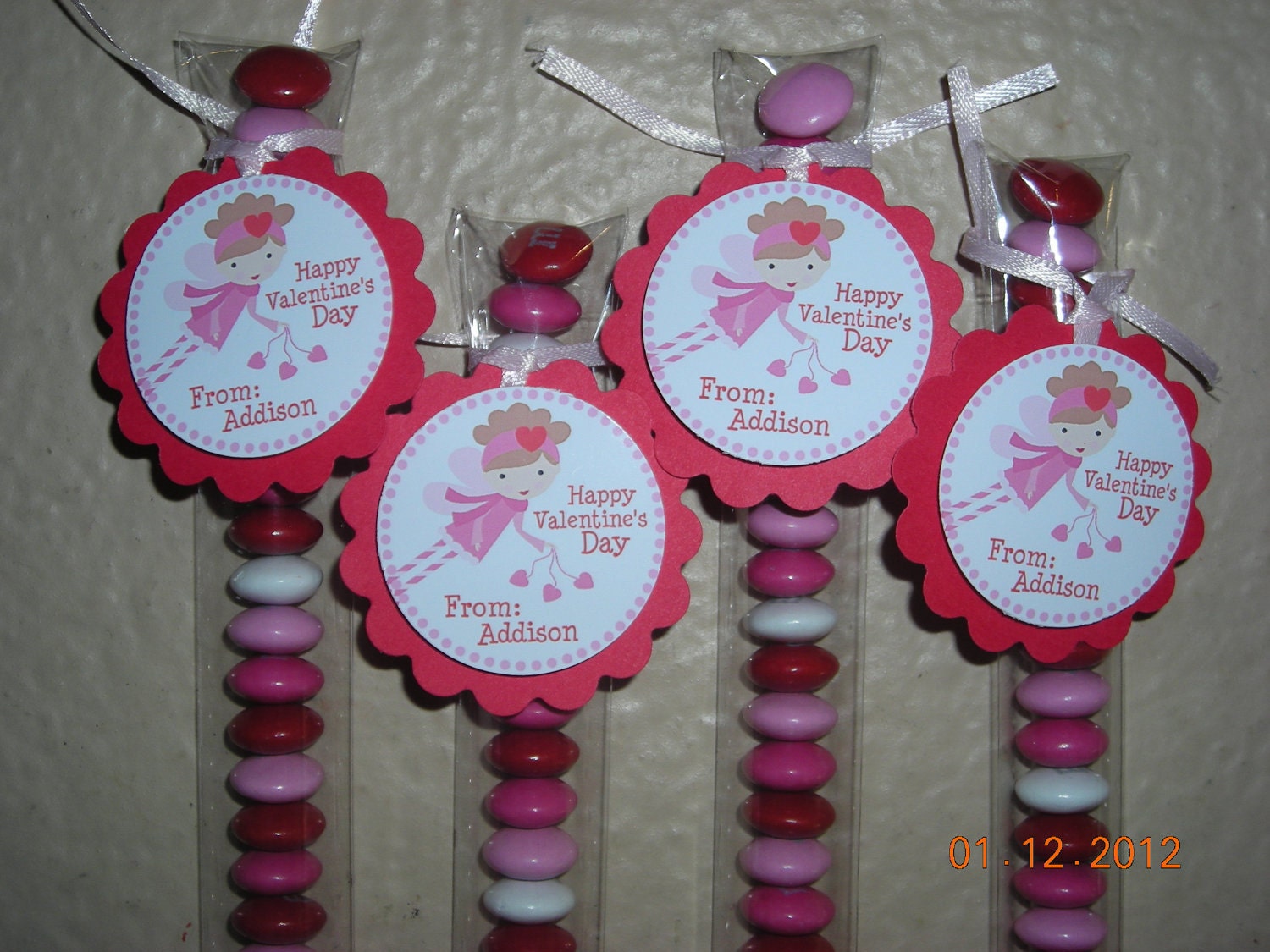 15 Valentines Day Heart Candy Stix Treat Bags Favor Tags Toppers Fairy Girls Pink Red Personalized School Party
