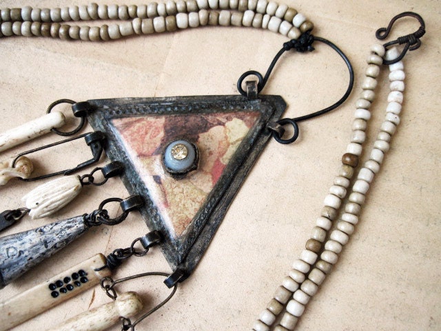 Bedlam. Pale Victorian Tribal Kuchi Assemblage Necklace with Bones.