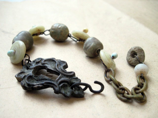Lunaticus. Antique Keyhole Assemblage Bracelet in Pale Mint Green.