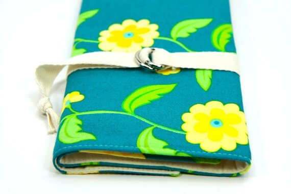 SHORT - dpns or Circular Knitting Needle Organizer Case - TURQUOISE ECLECTIC - 24 natural cotton pockets - Art Tool Case