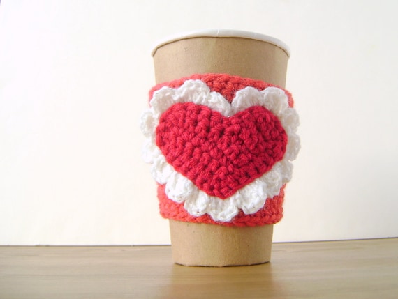 Valentine Coffee Cozy pink with red heart by The Cozy Project