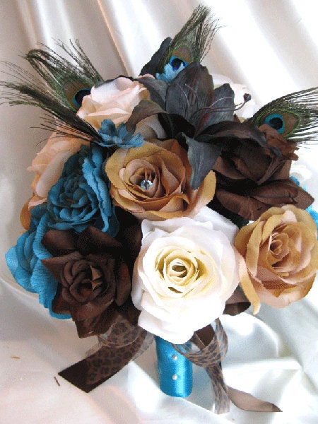 Wedding bouquet Bridal Silk flowers Cream BROWN TURQUOISE LILY Peacock 