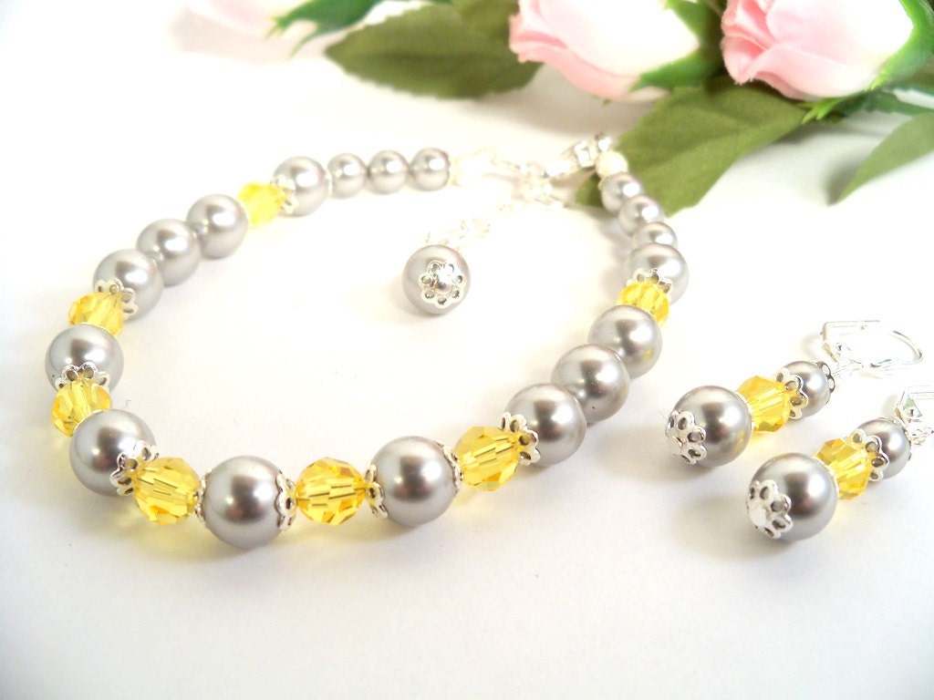 Bridal Bracelet and Earrings Gray and Yellow Bride Bridesmaid 