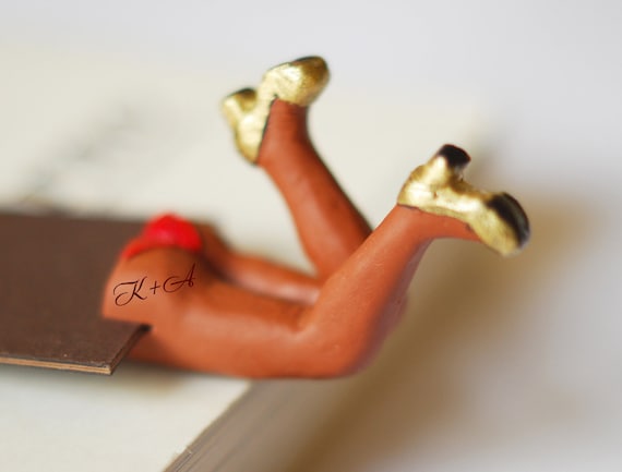 Personalized tatto on butt.  Legs in the book. Chocolate brown. Unusual art bookmark.   Funny Valentine's day gift.