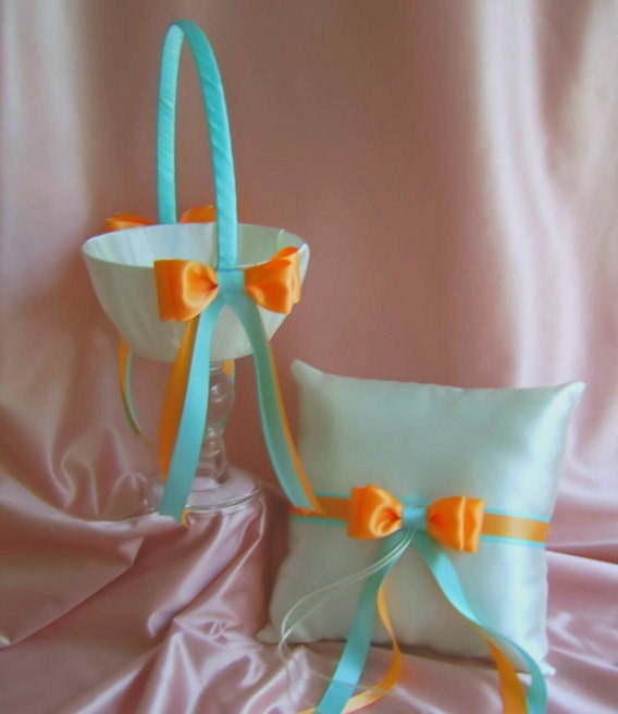 Pool Aqua and Creamsicle Orange Wedding Colors Flower Girl Basket And Ring