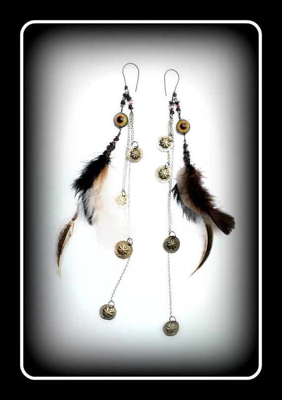 Fortune Teller  Feather Earring Eyeball Amulets wire wrapped cream brown black feathers Copper Gypsy Native Primitive long Dangle OOAK
