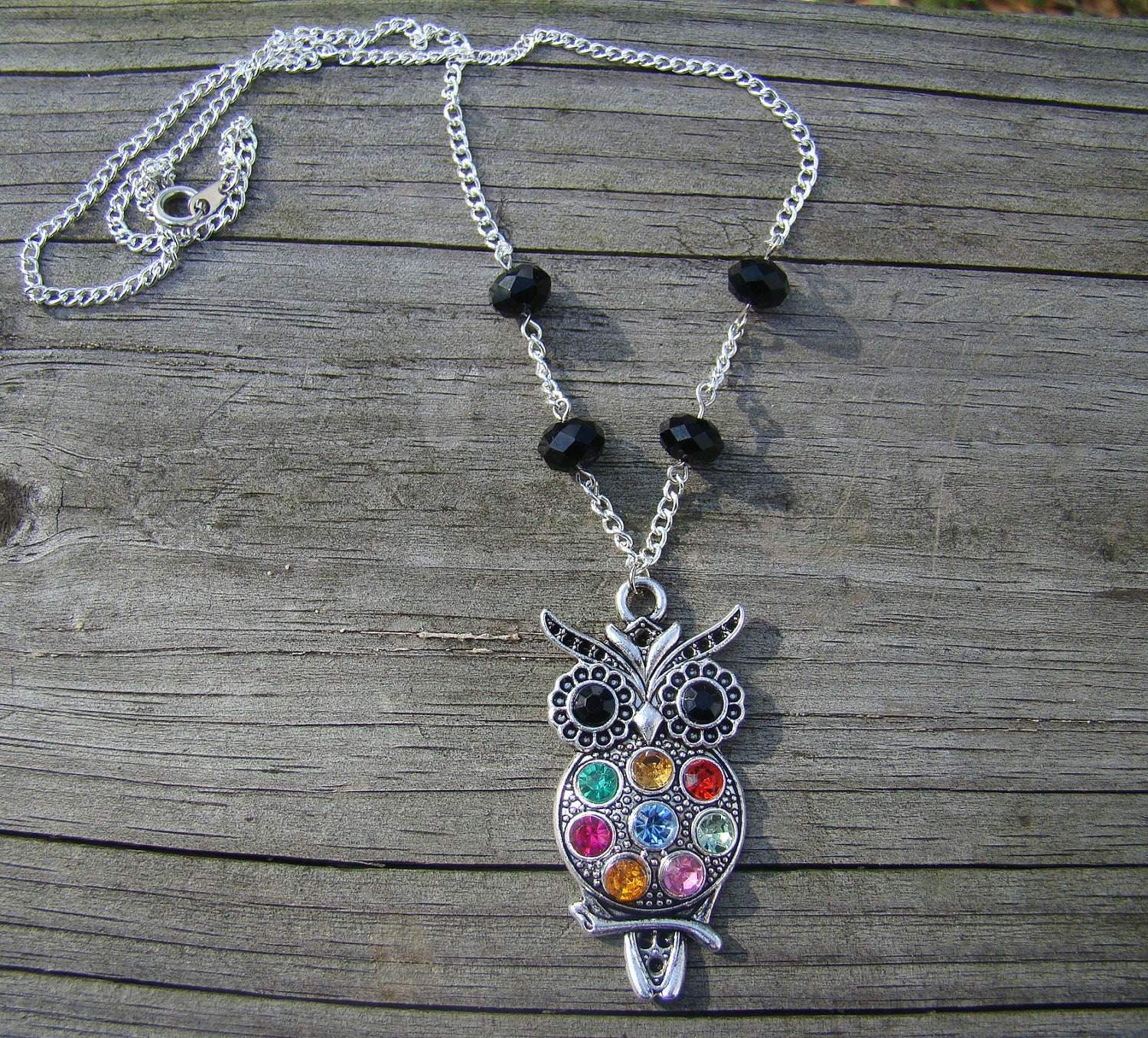 colorful owl - silver pendant necklace.