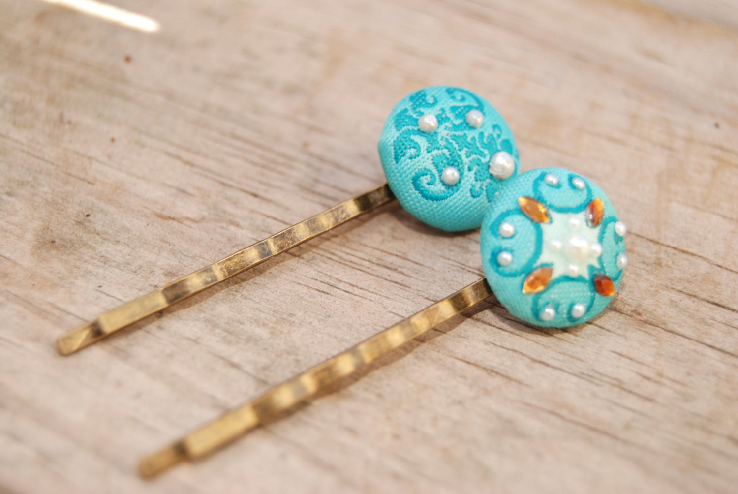 Vintage Button Turquoise Hairpins (Set of 2)