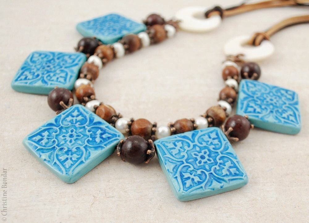 Mountain lake - blue and brown polymer clay necklace
