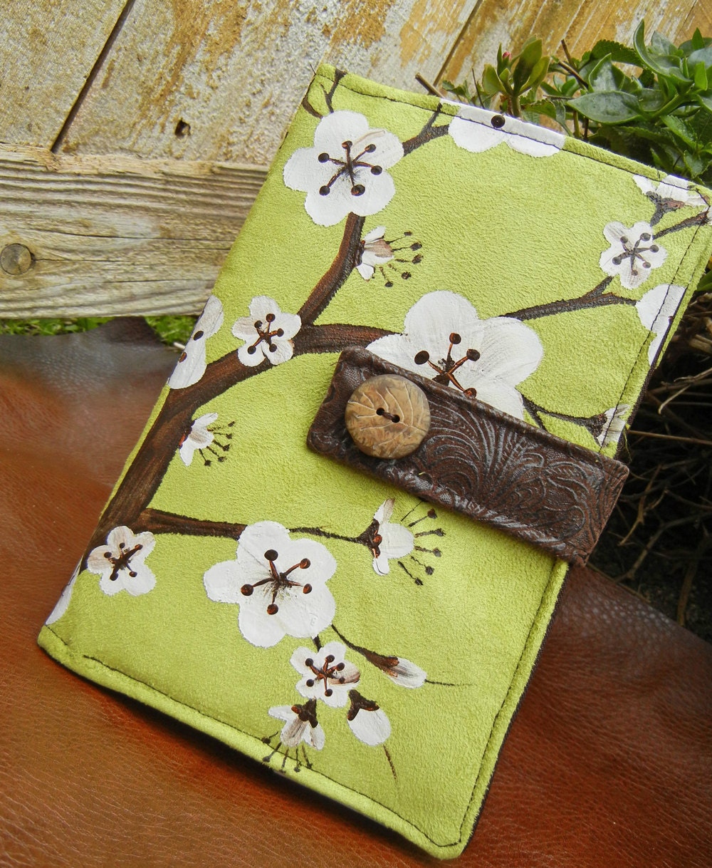 Kindle Fire Cover, Nook Cover, e-reader Cover-Kiwi Suede Padded Book Style Cover Hand Painted with Cherry Blossoms
