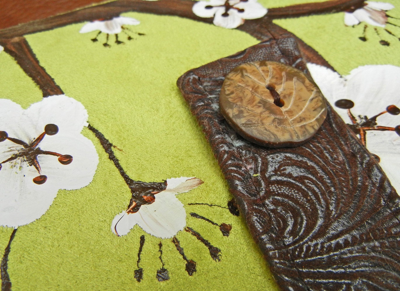 Kindle Fire Cover, Nook Cover, e-reader Cover-Kiwi Suede Padded Book Style Cover Hand Painted with Cherry Blossoms