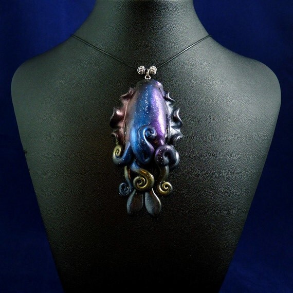 Deep Space Cuttlefish Necklace - Polymer Clay Jewelry Pendant